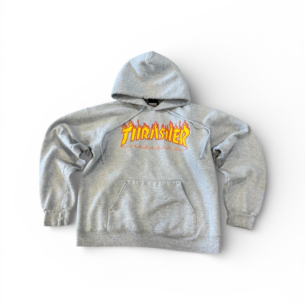 Thrasher Heather Gray Hoodie with Flame Design